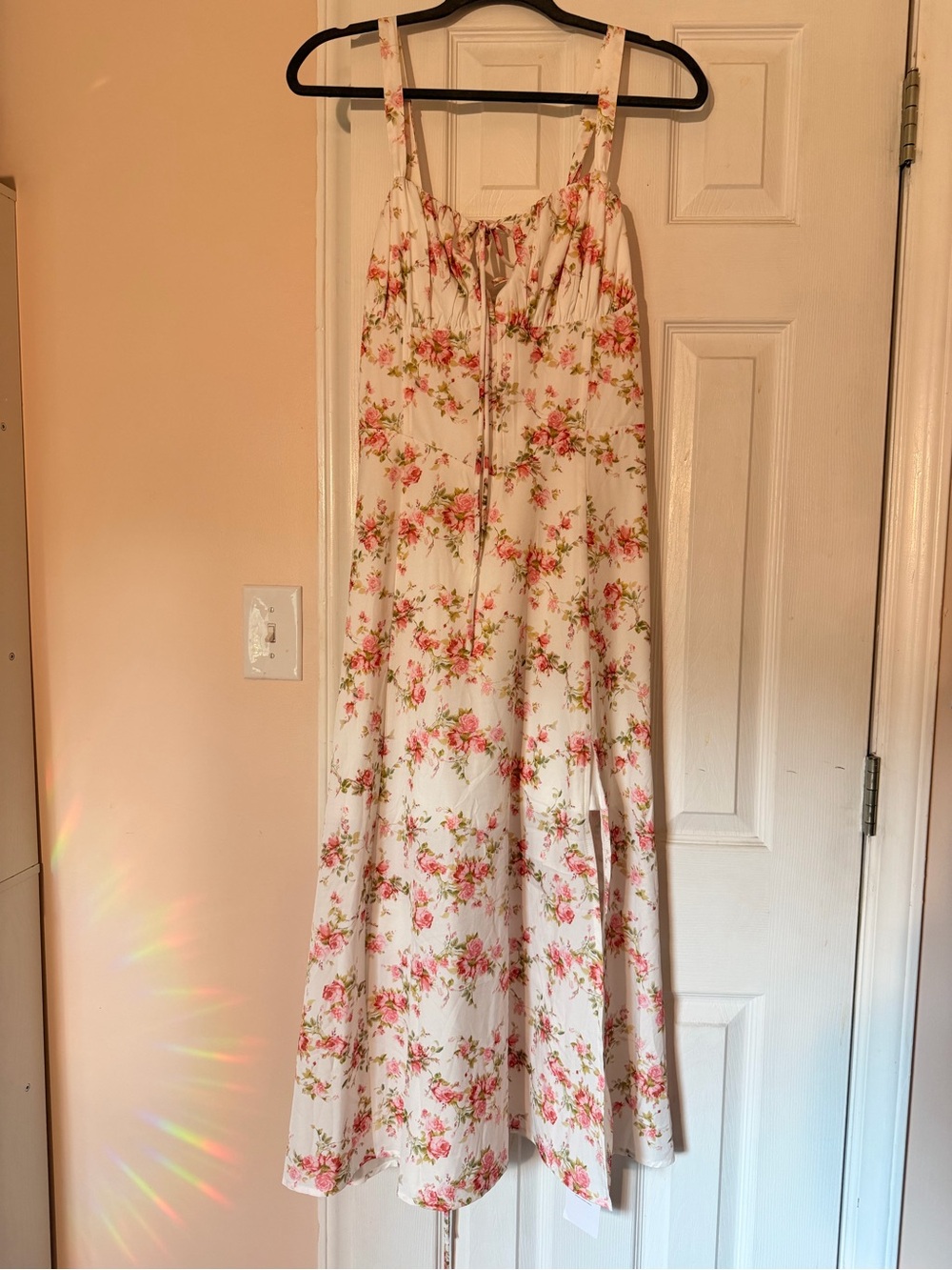 Floral White Maxi Sundress with Pink Rose Print